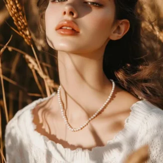 Close-up of a female model's neck and face wearing a pearl necklace and a white sweater, with an autumn rice field in the background.