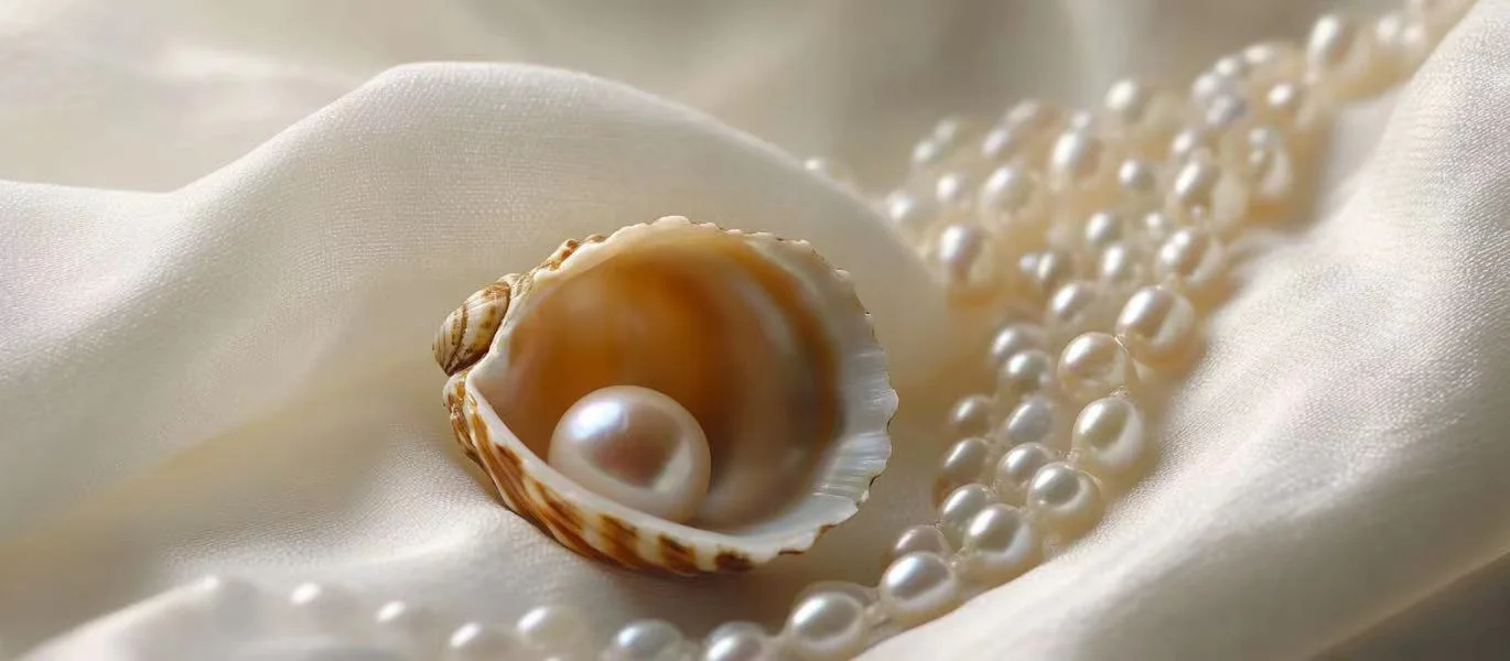 Pearl beads and a shell displayed on soft white fabric.