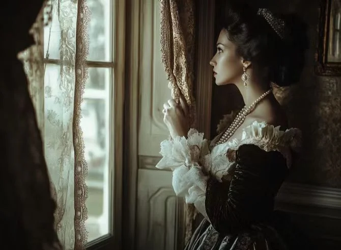 Female in a royal dress wearing pearl jewelry, standing by a window in an old royal castle.