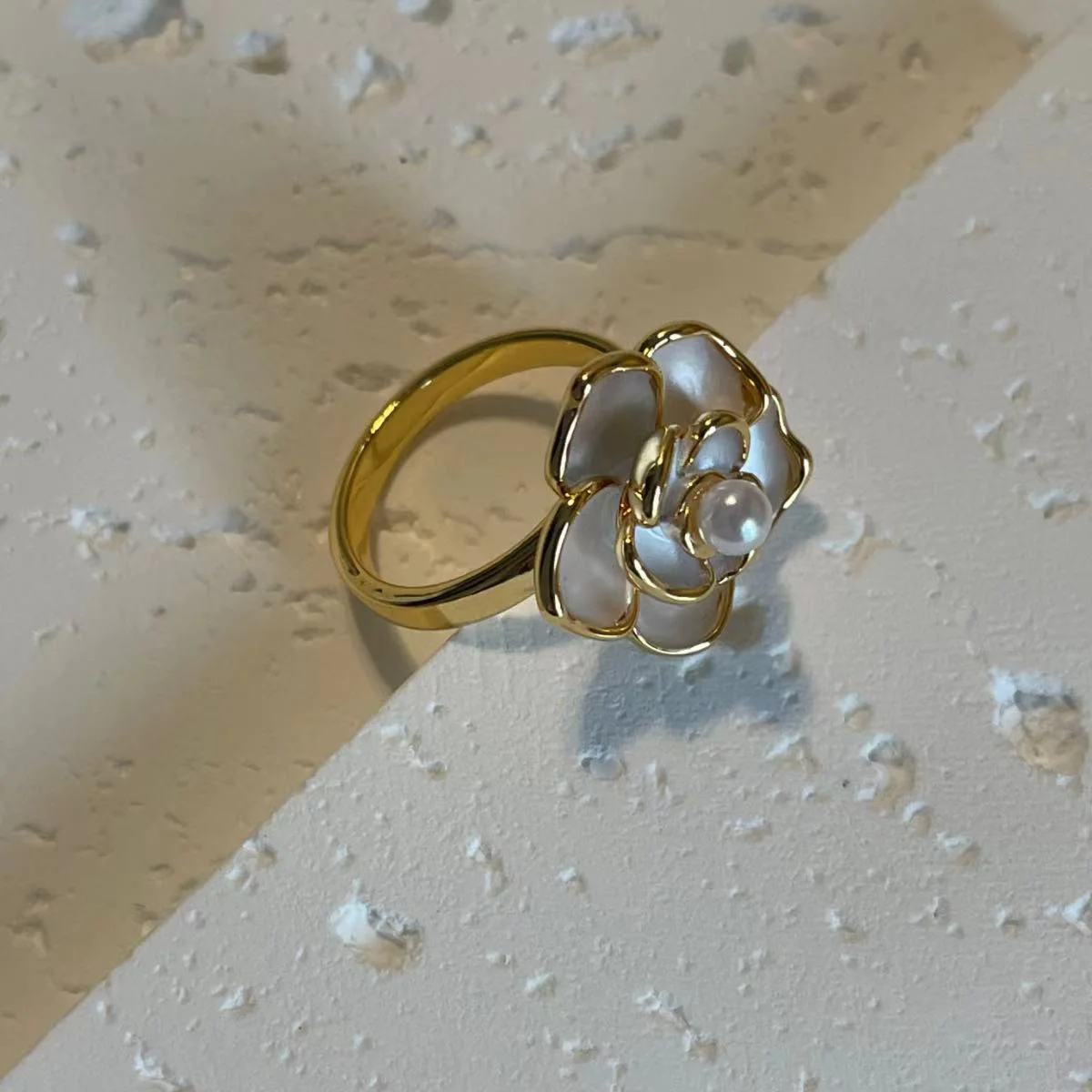 22K Gold Plated 3D White Flower Open Ring - Chic and Unique