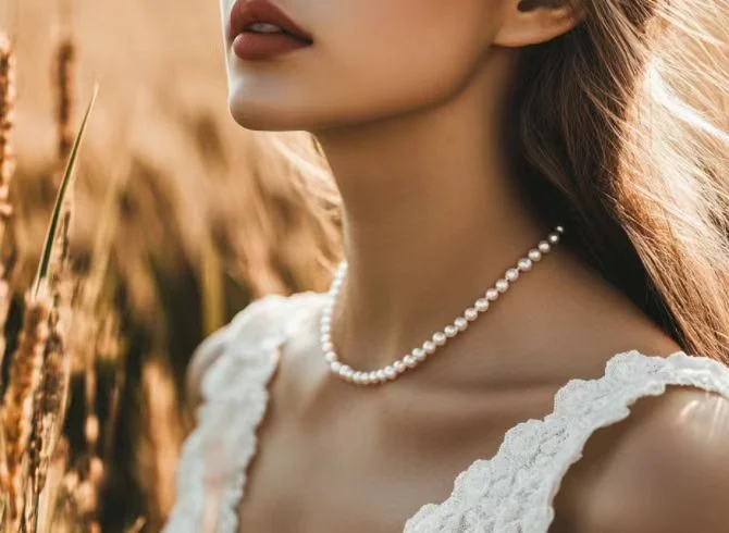 Close-up of a female model's neck and cheek wearing a pearl necklace and a white dress, with an autumn rice field in the background.