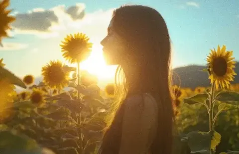 A photo of a girl in the sunflower field.