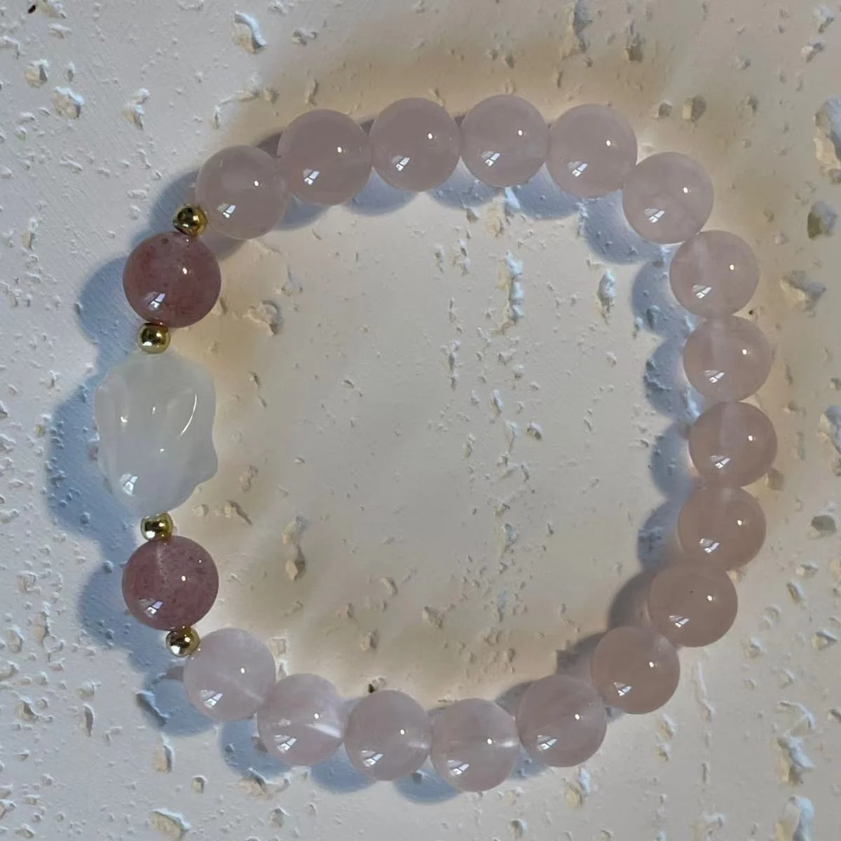 8mm Pink Rose Quartz Beaded Bracelet with White Rabbit Crystal - Love & Emotional Healing