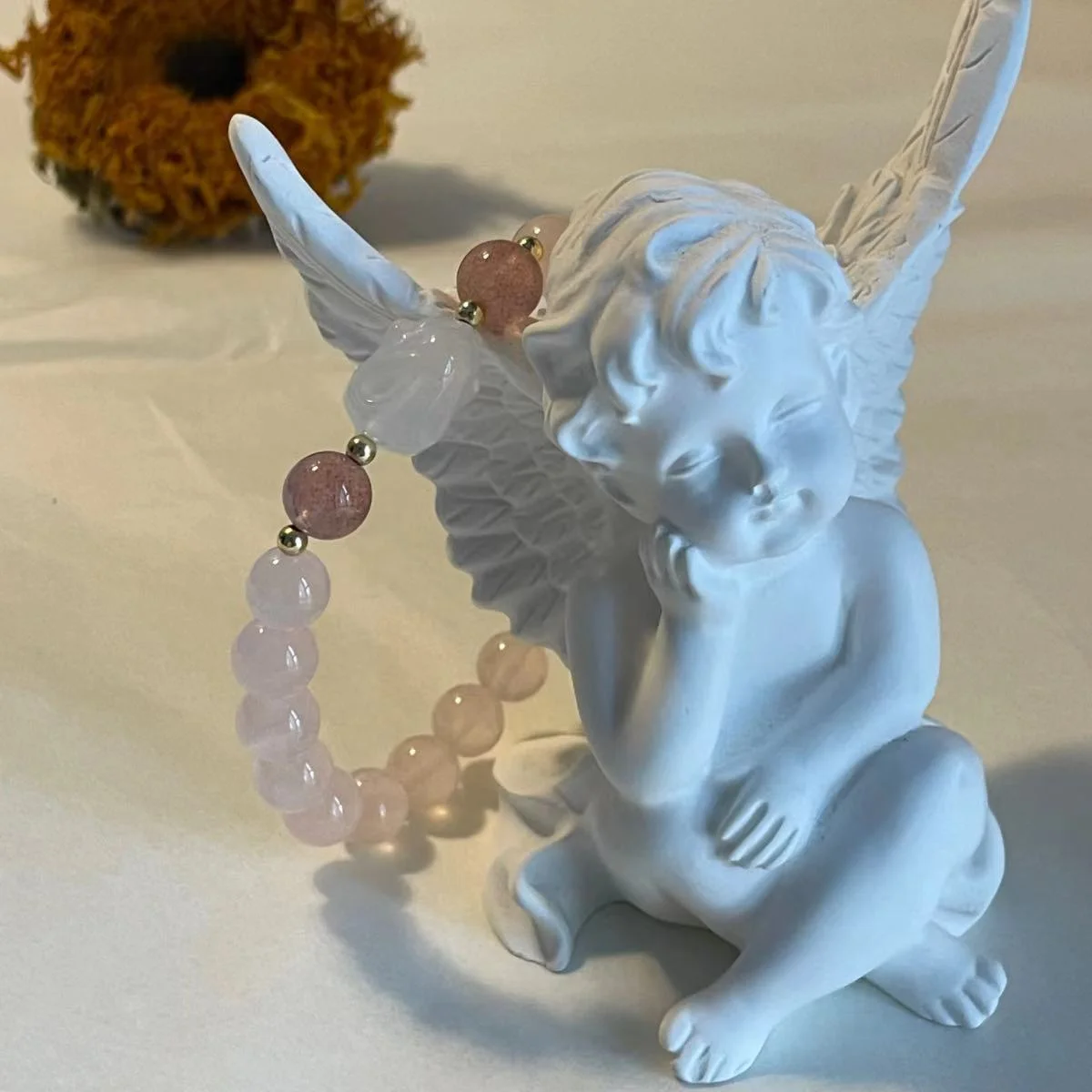 8mm Pink Rose Quartz Beaded Bracelet with White Rabbit Crystal - Love & Emotional Healing