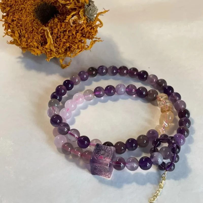 6mm Double-Layer Amethyst Beaded Bracelet - Spiritual Insight, Courage & Protection
