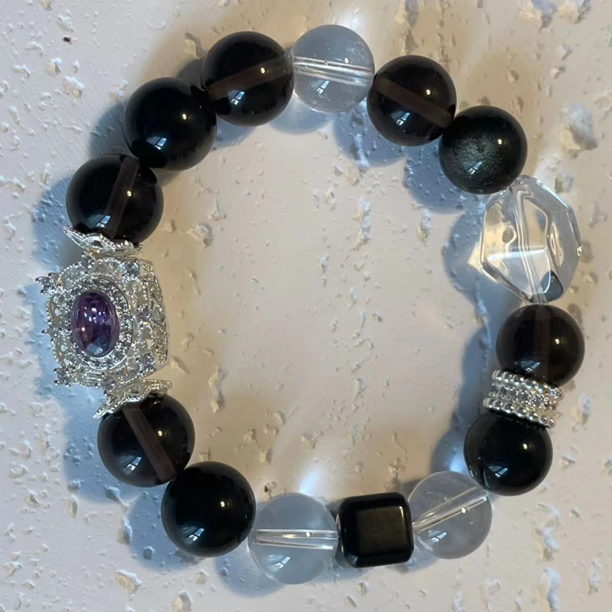 12mm Obsidian & Clear Quartz Beaded Bracelet - Improve Sleep & Mental Clarity