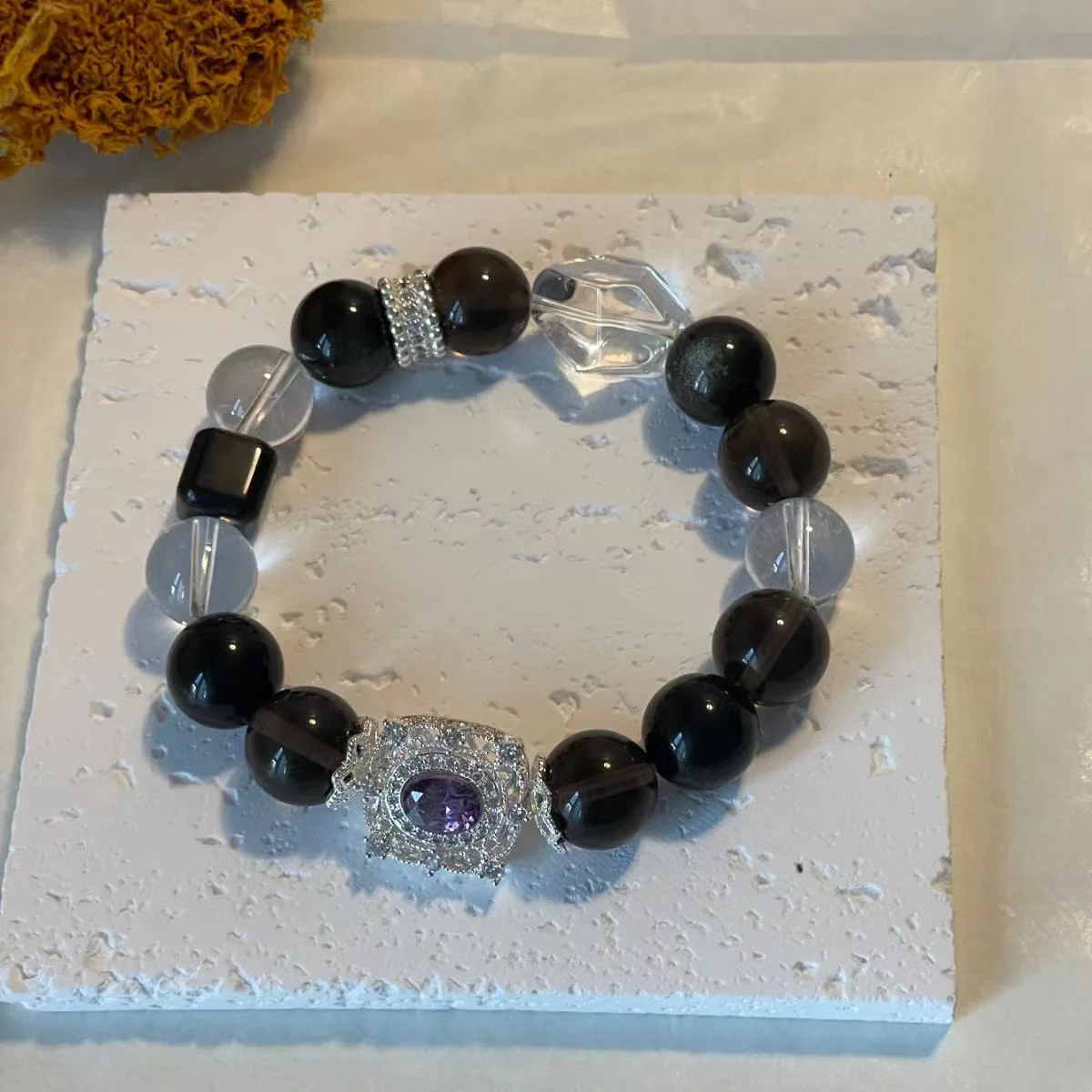 12mm Obsidian & Clear Quartz Beaded Bracelet - Improve Sleep & Mental Clarity