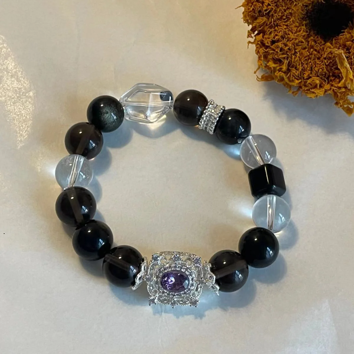 12mm Obsidian & Clear Quartz Beaded Bracelet - Improve Sleep & Mental Clarity