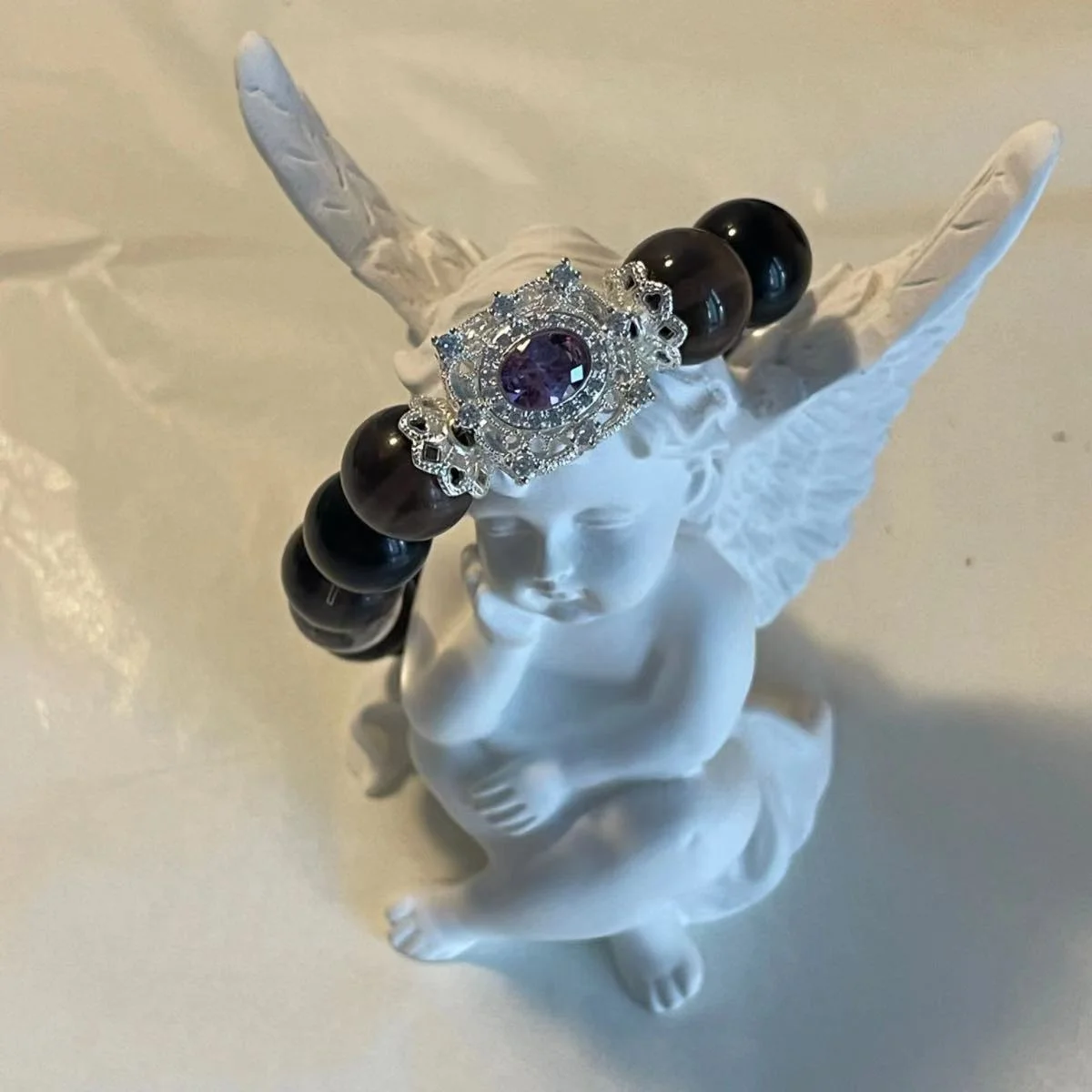 12mm Obsidian & Clear Quartz Beaded Bracelet - Improve Sleep & Mental Clarity