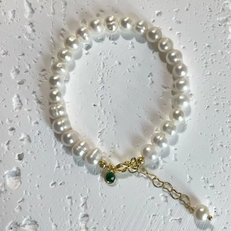 Natural Freshwater Pearl Bracelet with Green Zircon Accents