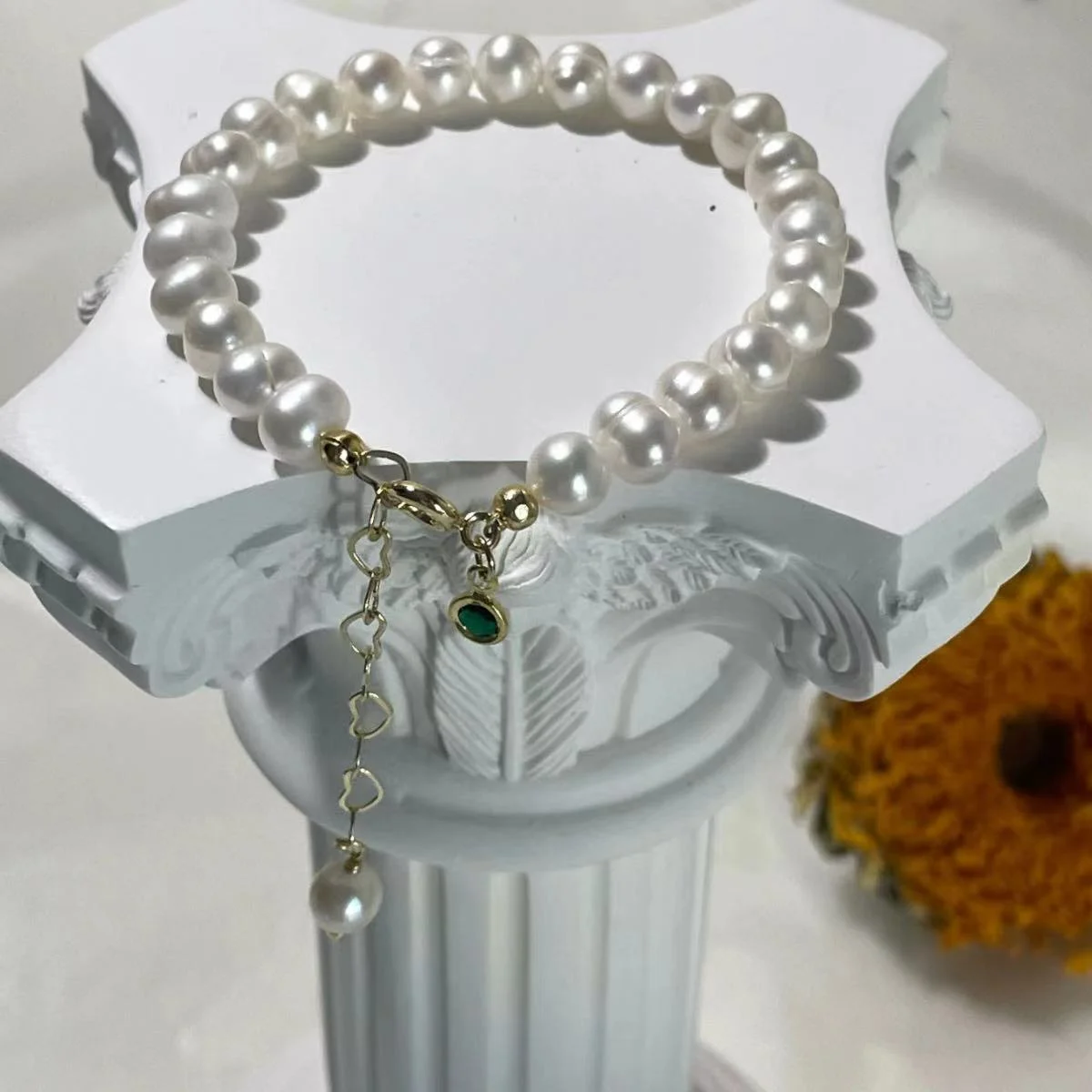 Natural Freshwater Pearl Bracelet with Green Zircon Accents