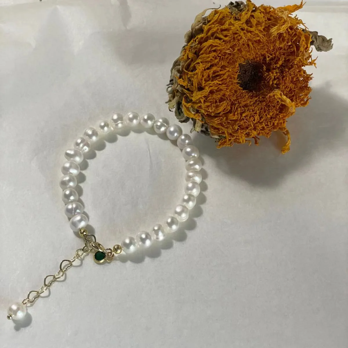 Natural Freshwater Pearl Bracelet with Green Zircon Accents