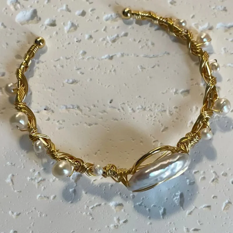 Yellow Brass Open Bangle Bracelet with Imitation Pearls
