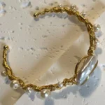 Yellow Brass Open Bangle Bracelet with Imitation Pearls