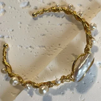 Yellow Brass Open Bangle Bracelet with Imitation Pearls