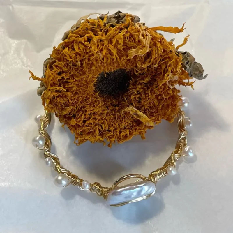 Yellow Brass Open Bangle Bracelet with Imitation Pearls