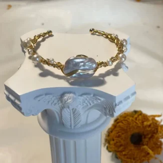Yellow Brass Open Bangle Bracelet with Imitation Pearls