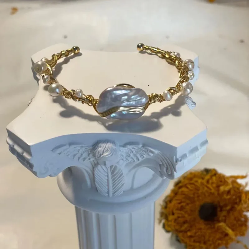 Yellow Brass Open Bangle Bracelet with Imitation Pearls