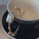 Yellow Brass Open Bangle Bracelet with Imitation Pearls
