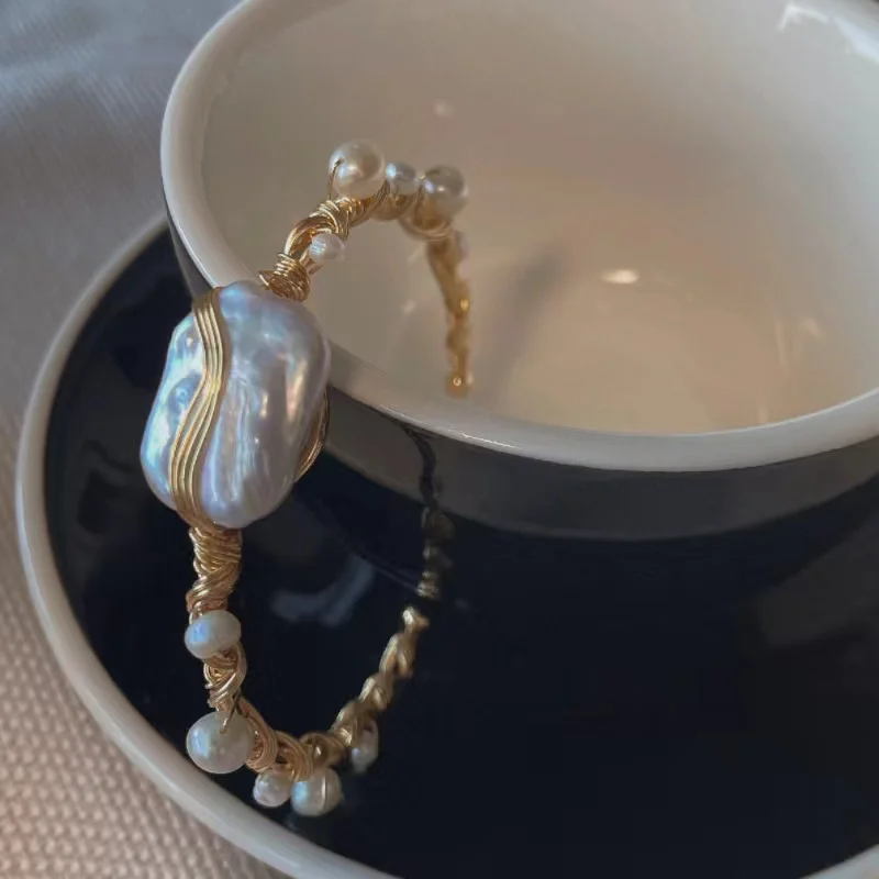 Yellow Brass Open Bangle Bracelet with Imitation Pearls
