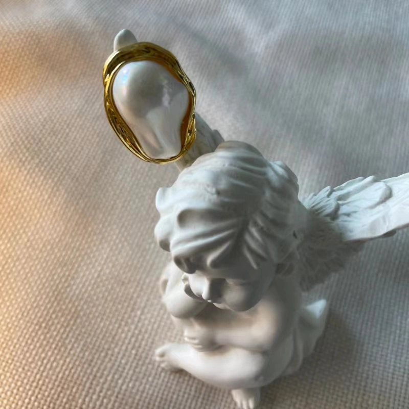 14K Gold Plated Irregular Baroque Pearl Open Ring - Modern Twist