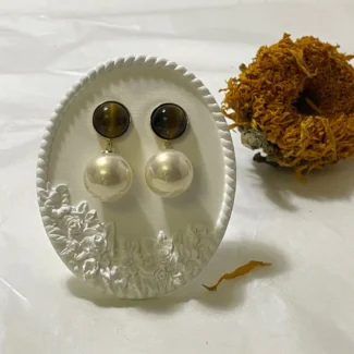 Tiger’s Eye and Imitation Pearl Drop Earrings