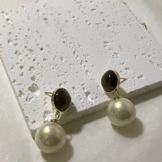 Tiger’s Eye and Imitation Pearl Drop Earrings