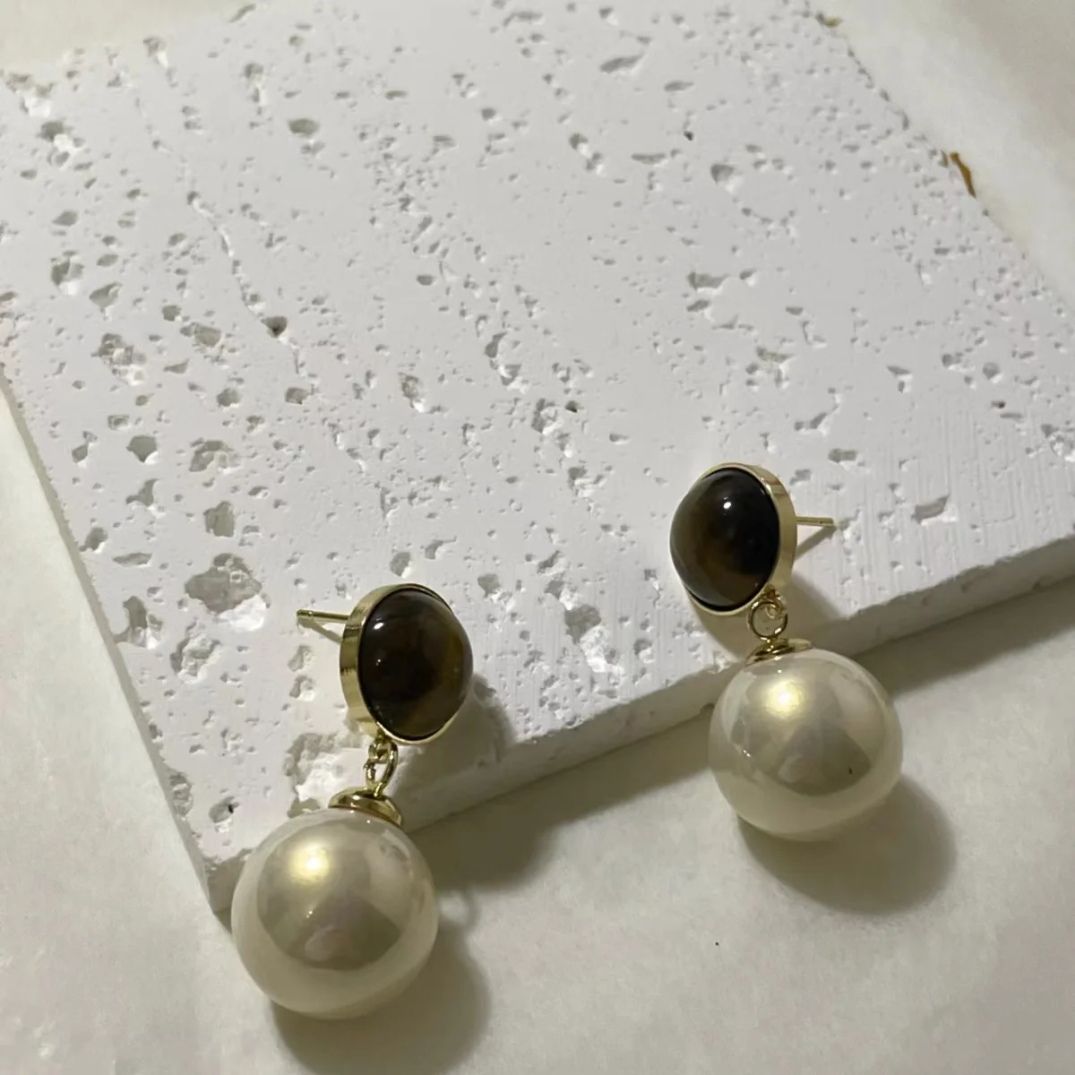 Tiger’s Eye and Imitation Pearl Drop Earrings Image Tiger’s Eye and Imitation Pearl Drop Earrings