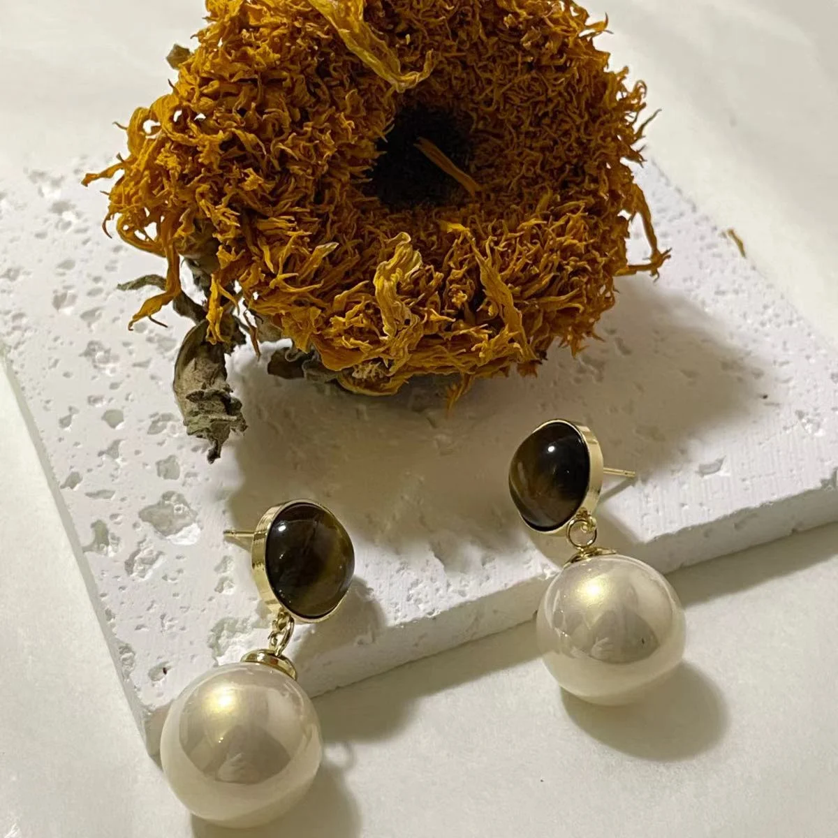 Tiger’s Eye and Imitation Pearl Drop Earrings Image Tiger’s Eye and Imitation Pearl Drop Earrings