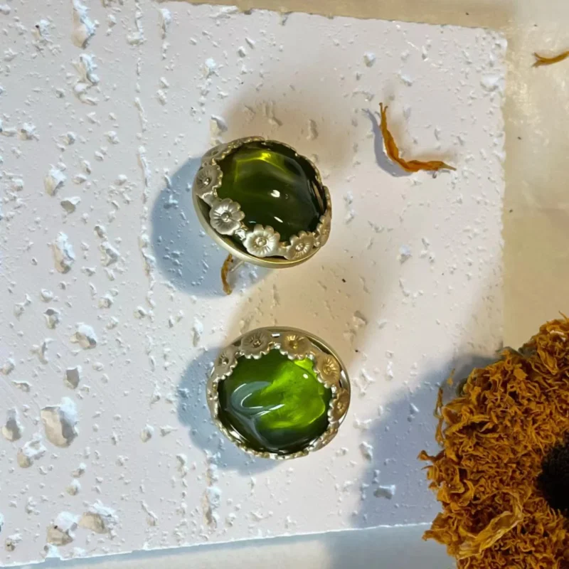 14K Gold Plated Vintage Green Flower Stud Earrings