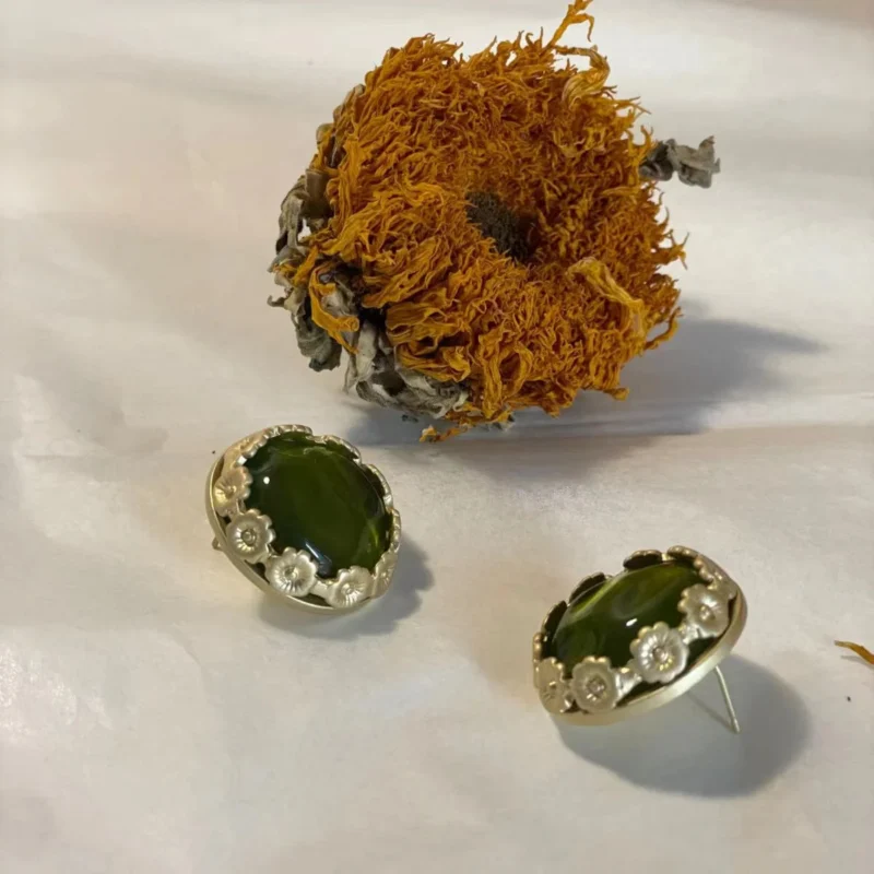 14K Gold Plated Vintage Green Flower Stud Earrings