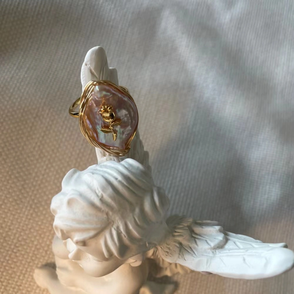 22K Gold Plated Rose on Baroque Pearl Open Ring Image 22K Gold Plated Rose on Baroque Pearl Open Ring - Luxurious Style