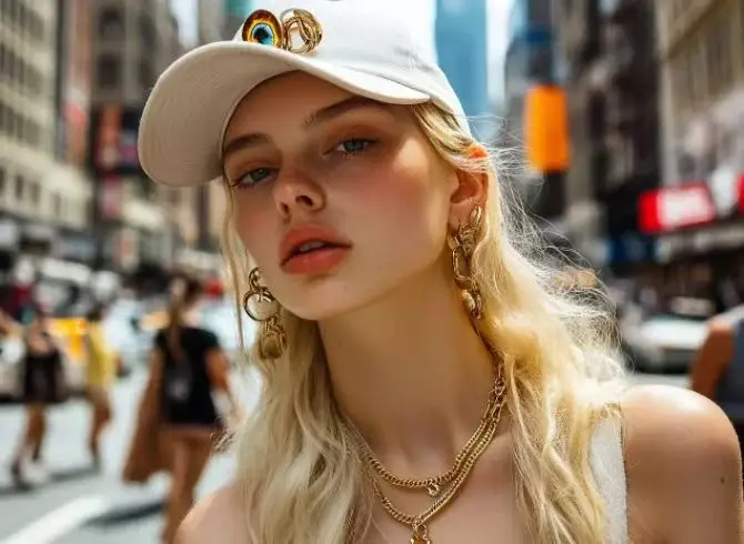 Female model in sportswear and white baseball hat wearing gold plated earrings and necklace on a busy street