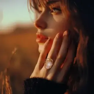 Female model wearing 14K gold plated irregular baroque pearl open ring, with her hand touching her cheek in an autumn rice field.