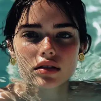 Female model wearing 14K gold plated vintage green flower stud earrings in a swimming pool.