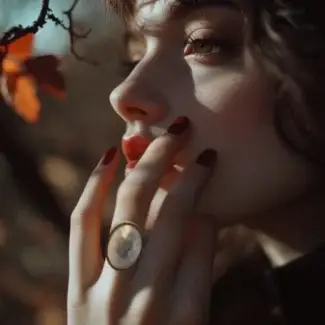 A woman's hand touch her cheek and showing a imitation pearl ring.