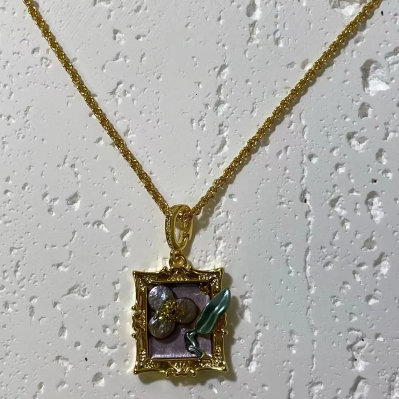 18K Gold Plated Flower Pendant Necklace - Oil Painting Design