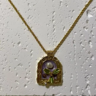 18K Gold Plated Pearl Garden Pendant Necklace - Oil Painting Design