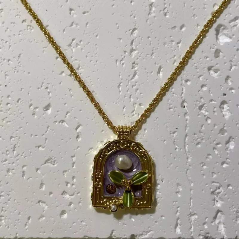 18K Gold Plated Pearl Garden Pendant Necklace - Oil Painting Design