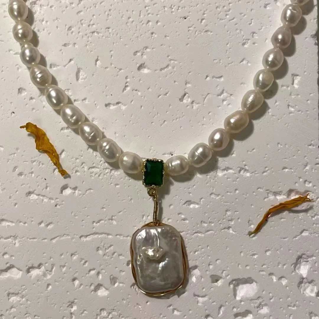 White Freshwater Pearl Necklace with Baroque Pendant