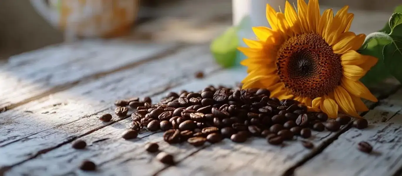 Coffee beans and sunflower on an old white coffee table, highlighting natural elements for coffee bean bracelets