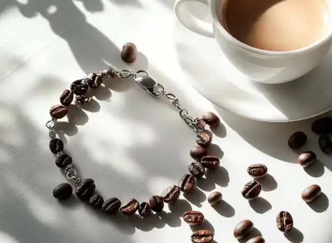 Coffee beans and a cup of coffee on a white coffee table, showcasing a natural bracelet made from coffee beans.