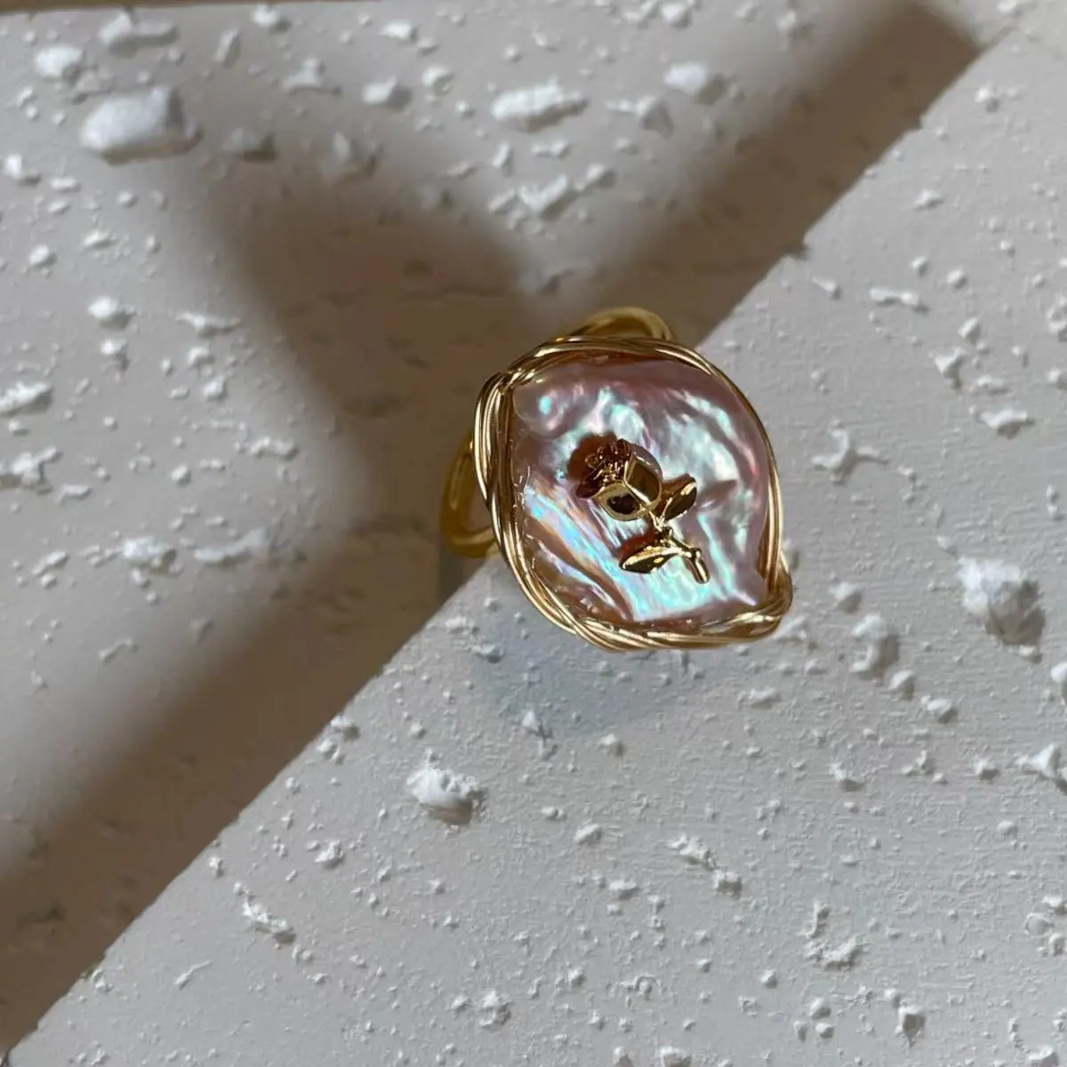 22K Gold Plated Rose on Baroque Pearl Open Ring Image 22K Gold Plated Rose on Baroque Pearl Open Ring - Luxurious Style