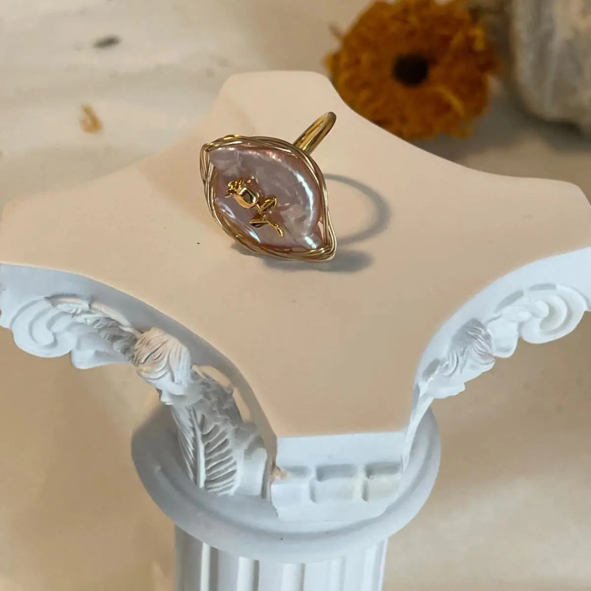 22K Gold Plated Rose on Baroque Pearl Open Ring Image 22K Gold Plated Rose on Baroque Pearl Open Ring - Luxurious Style
