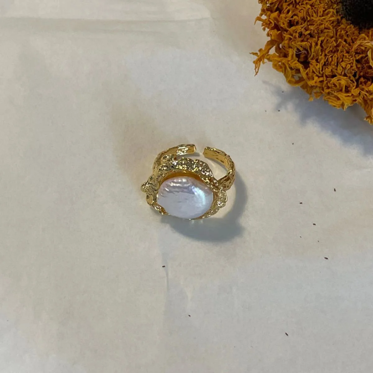 22K Gold Plated Baroque Pearl Open Ring Image 22K Gold Plated Baroque Pearl Open Ring - Classic and Sophisticated