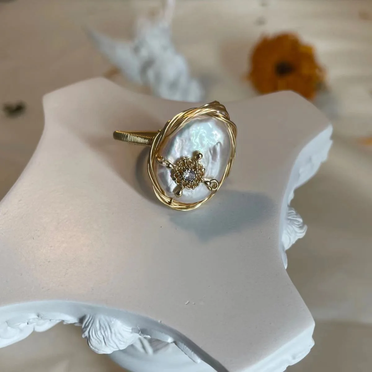 14K Gold Plated Freshwater Pearl Open Ring Image 14K Gold Plated Freshwater Pearl Open Ring - Refined and Elegant