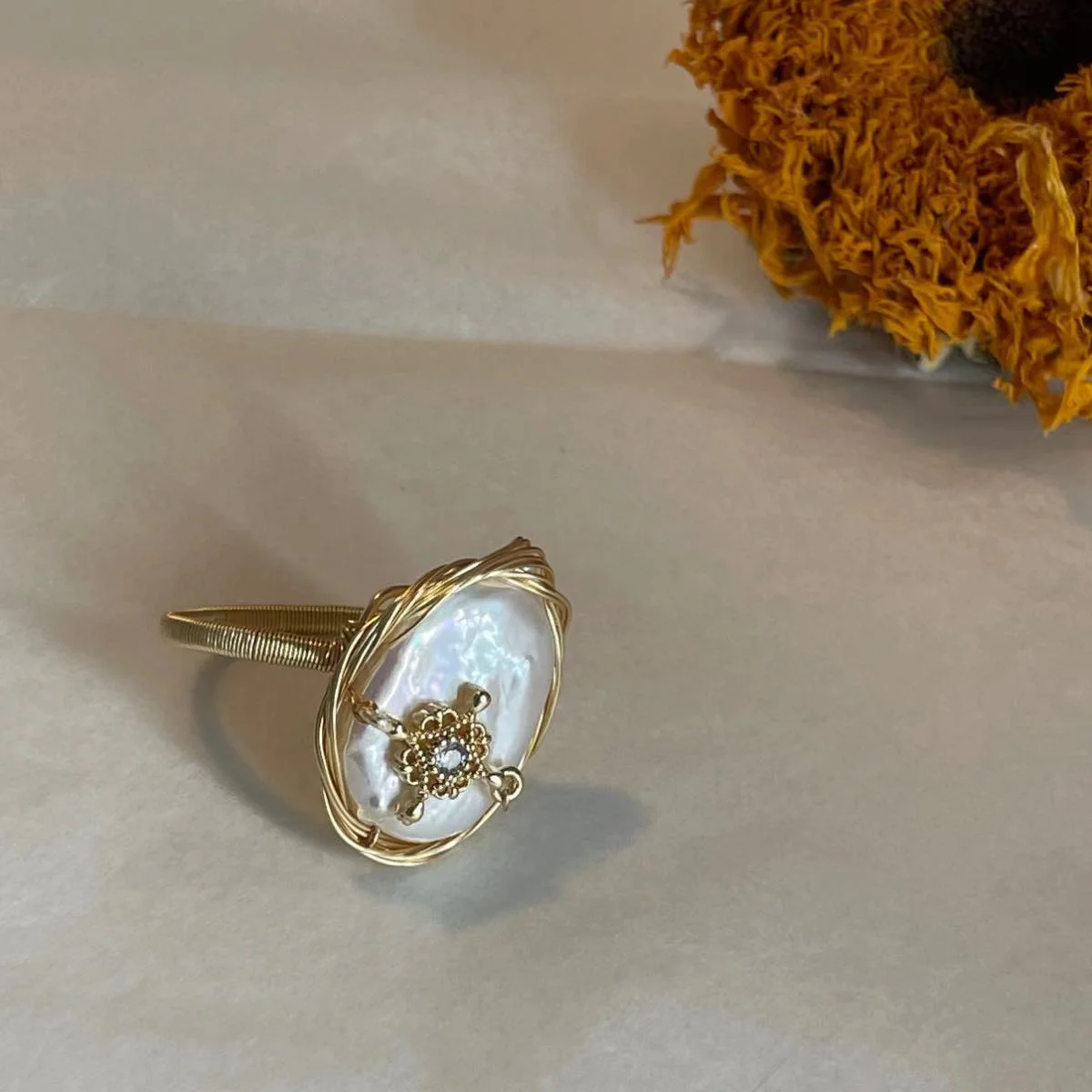 14K Gold Plated Freshwater Pearl Open Ring Image 14K Gold Plated Freshwater Pearl Open Ring - Refined and Elegant