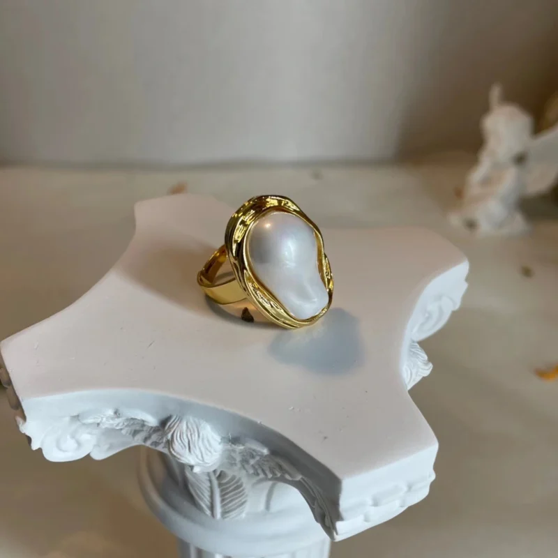 14K Gold Plated Irregular Baroque Pearl Open Ring - Modern Twist