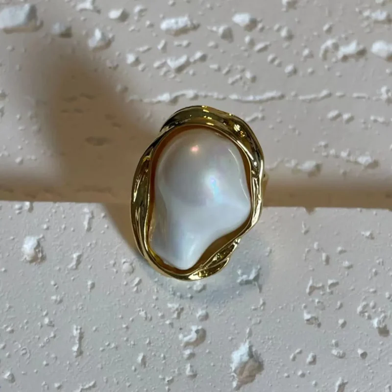 14K Gold Plated Irregular Baroque Pearl Open Ring - Modern Twist
