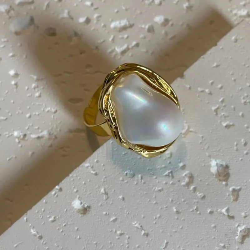 14K Gold Plated Irregular Baroque Pearl Open Ring - Modern Twist